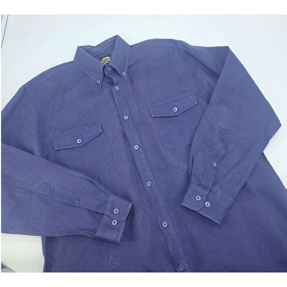 Tommy Bahama Mens L Indigo Blue 100% Linen Jacquard‎ Palm Tree Long Sleeve Shirt